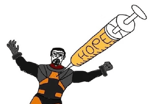 a man in a hazmat suit administering a giant syringe labeled HOPE